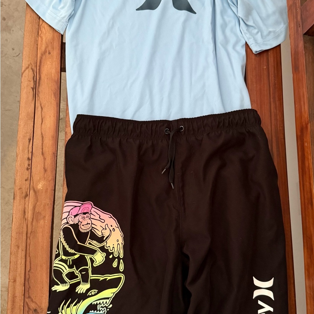 Hurley Boys Swim Trunks Size L Blk Stretch Beach Shorts And Swim Top Tee Shirt